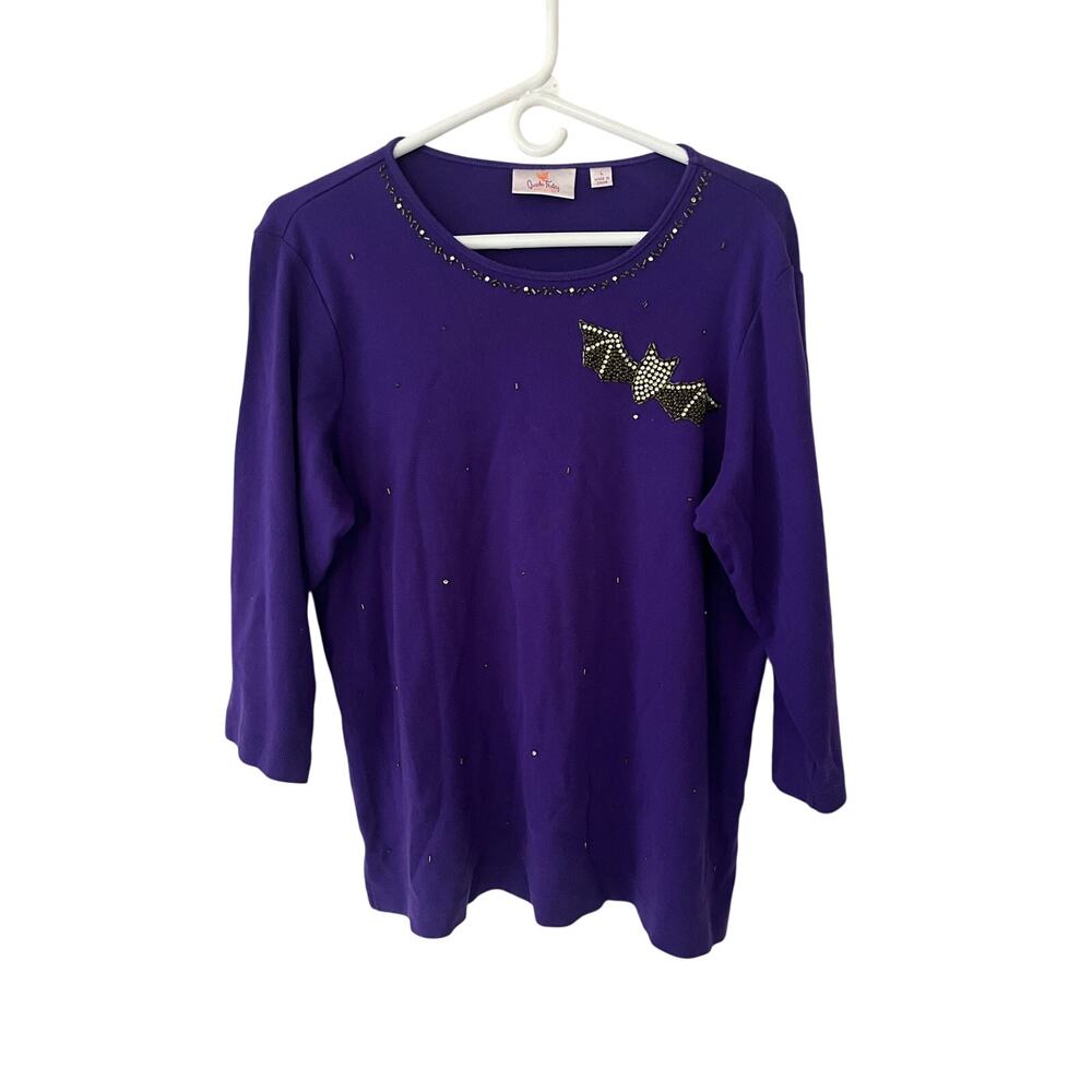 Quacker Factory Purple Halloween Bat Rhinestone Top Size L 3/4 Sleeve